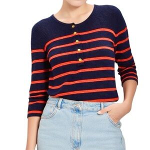 J. Crew Waffle Knit Striped Henley in Navy & Orange with Gold Buttons Size Small